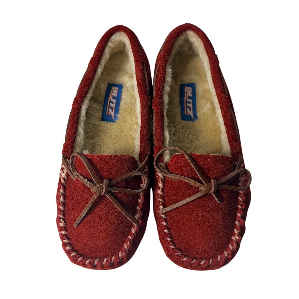 Blitz Molly Red Suede Moccasin Slippers Faux Fur Lined Womens Size 11M NEW - Picture 2 of 10